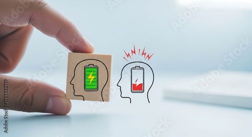 Full and empty energy battery in human brain concept illustration