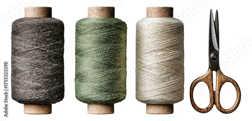 Three Spools of Thread in Natural Colors with Scissors on Transparent Background