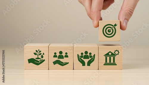 Wooden blocks representing ESG principles environment social governance and sustainable development
