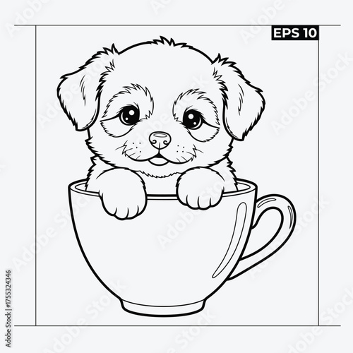 Adorable puppy peeking out of a teacup with charming eyes and floppy ears line art drawing