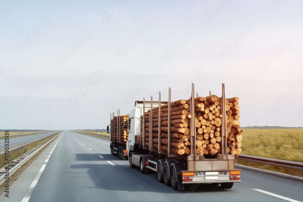 Naklejka premium Logging truck with trailer loaded with cut timber logs driving on an empty highway, transporting wood to mill