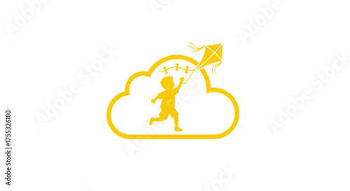 A Playful Bright Yellow Silhouette Logo of a Child Running with a Kite in an Energetic Cloud Shape_transparent.svg