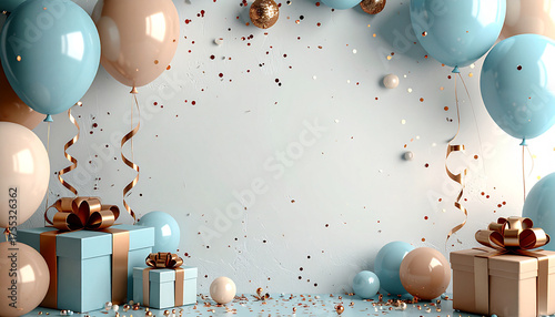 Luxury pastel blue and brown birthday background surrounded by glossy balloons, gift box,ribbons, and sparkling confetti. Elegant pastel celebration background.