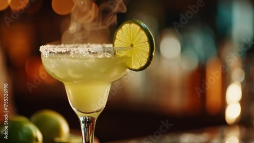 A cinematic close-up of a bartender skillfully pouring a margarita into a glass, capturing the elegant motion, vibrant colors, and artistry of mixology in a stylish and dynamic bar scene