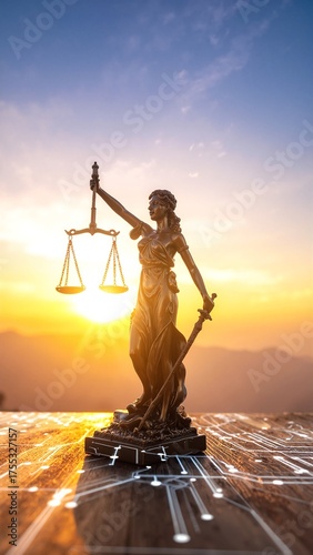 A majestic statue of Lady Justice stands tall, draped in flowing robes, holding balanced scales in one hand and a sword in the other, symbolizing fairness.
