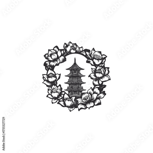 illustration featuring a traditional pagoda or temple centered within a circular frame
