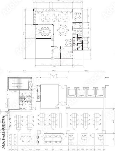 Interior Design Drawing of Office Layout, Furniture Placement, Conference Room, Manager Room, and Workstations, 2 Versions