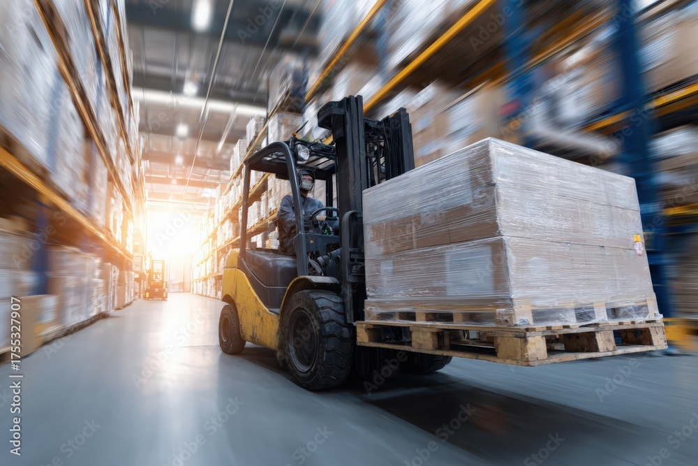 Naklejka premium Worker operating forklift, transporting wrapped pallets down a warehouse aisle with motion blur, symbolizing fast logistics