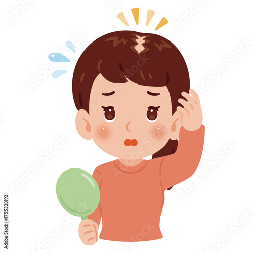 髪の生え際を気にする女性　上半身イラスト／Woman concerned about her hairline　upper body illustration