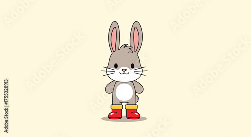 A cute cartoon bunny wearing red boots stands on a plain background.
