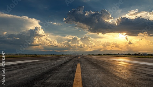 Runway stretches toward sunset sky. Clouds billow warmly