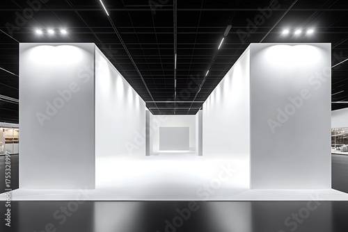 3d illustration of a long white hall with bright lights and black ceiling in a modern exhibition center