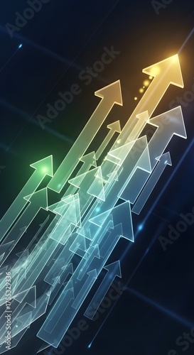 Abstract upward trending arrows glowing with light against a dark blue and green background