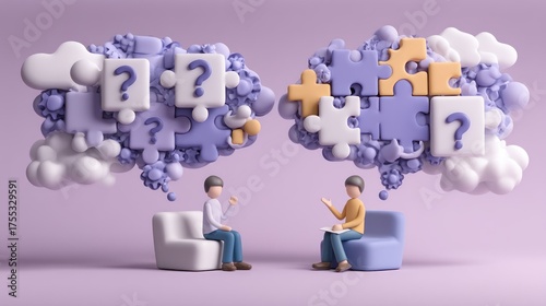 Two cartoon characters, one with a question mark on their head, sitting on chairs with a purple and white cloud in the background. The characters 