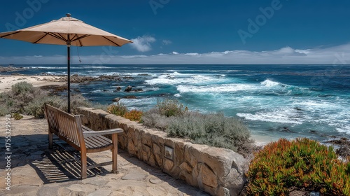 Scenic Ocean View with Bench and Umbrella on a Sunlit Day by the Shoreline