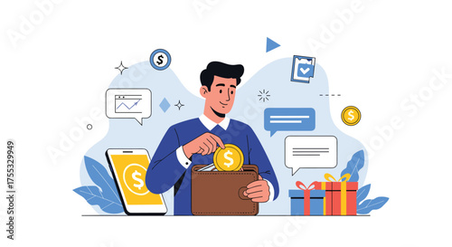 A man is putting a coin into a wallet for saving money and donation.