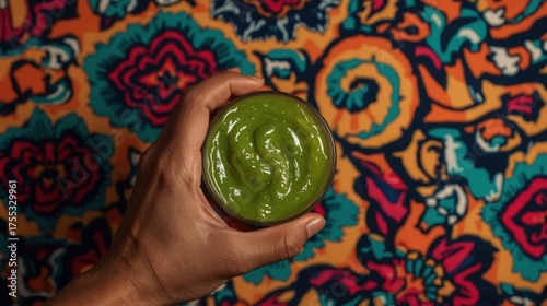 A hand holding a small bowl of bright green vibrant smoothie or dip against a colorful patterned background