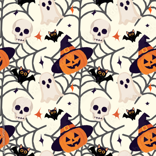 Playful Halloween seamless pattern with pumpkins, ghosts, bats, and skulls on spider web background. Perfect for kids’ clothing, wrapping paper, and festive decorations.