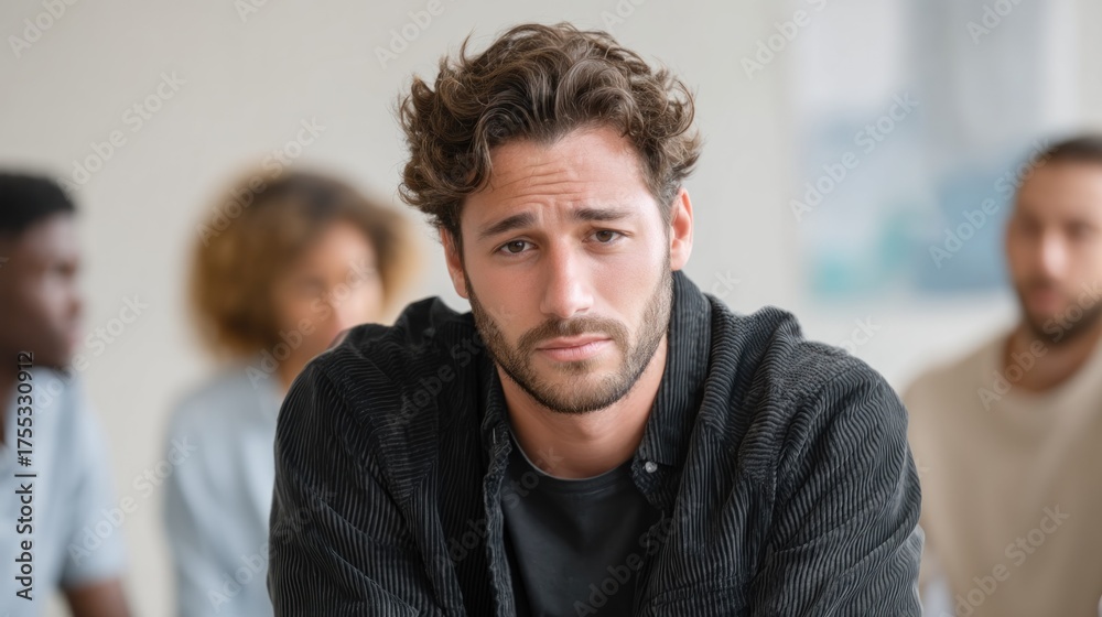 Obraz premium A man with curly hair sitting in a room with other people, looking sad or distressed.