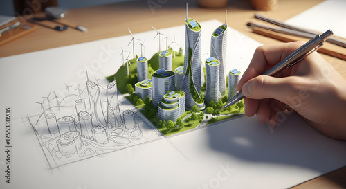 Architect drawing stunning sustainable eco city concept with wind turbines