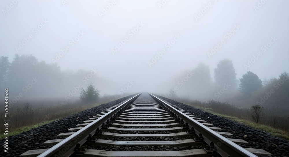 Fototapeta premium Railroad tracks receding into a dense foggy landscape with trees on either side