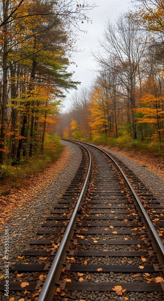 Fototapeta premium Train tracks winding through an autumn forest with fallen orange leaves carpeting the ground
