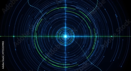 Concentric circles of blue and green light trails radiating from a central bright point on black background