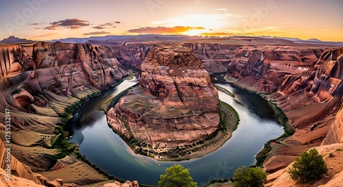 Horseshoe Bend canyon with Colorado River at sunset under a vast sky desert