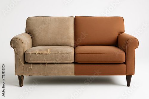 Old worn couch transformed into modern stylish sofa, concept of furniture restoration and before after comparison in minimal interior
