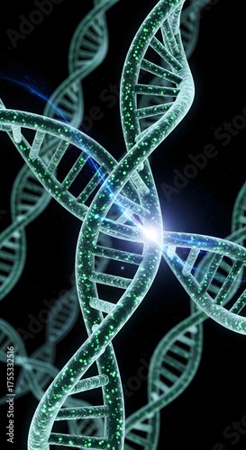 Close up abstract view of intertwining green DNA double helix strands against a black background