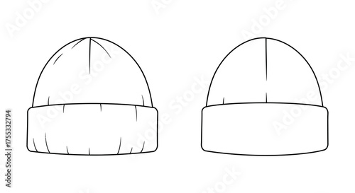 Two simple black and white line art sketches of a knitted beanie hat shown from the front and side silhouette
