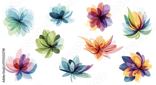 Vibrant abstract watercolor floral elements collection with delicate brushstrokes and translucent colors for design projects