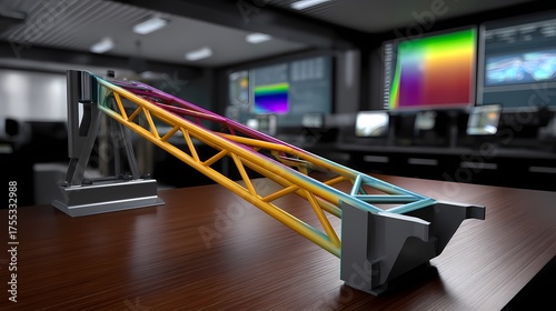 Colorful Bridge Model on Desk with Digital Displays in Background