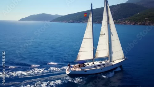 Sailing adventure: Luxury yacht on the clear turquoise sea with the spanish flag