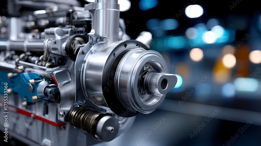 Fototapeta premium Close-up of Modern Engine Component with Reflective Metal Finish