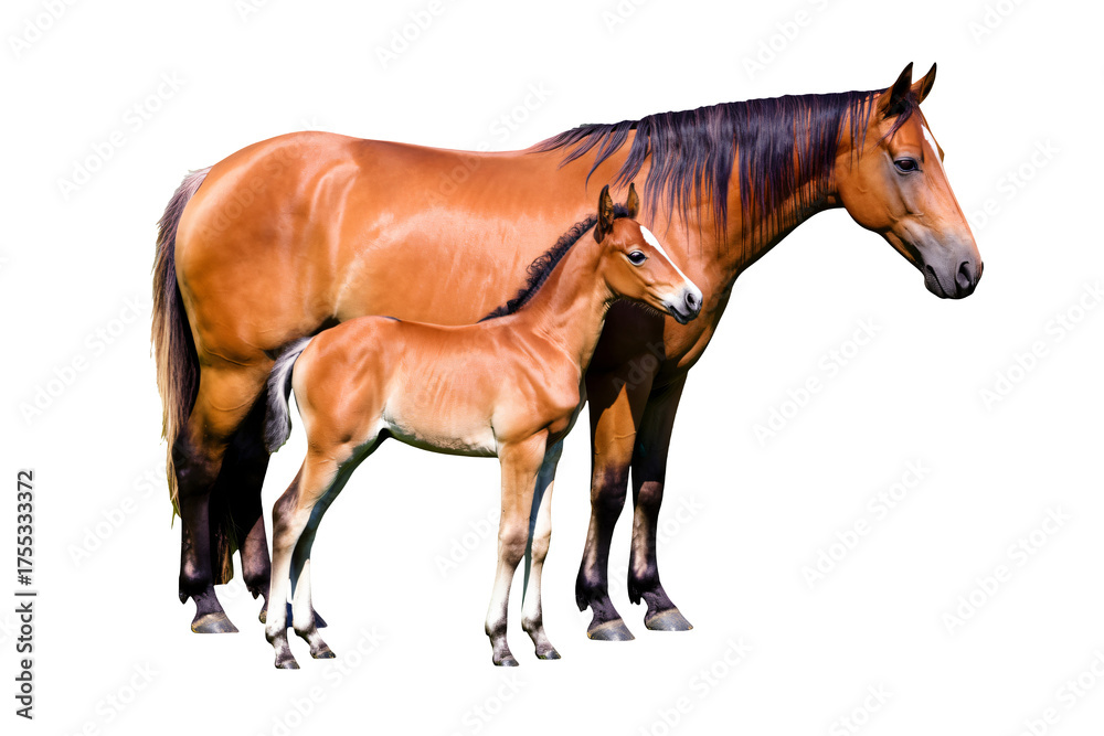 Obraz premium Majestic mother horse and adorable foal stand together, embodying protection