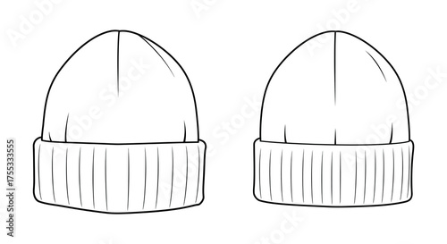 Two hand drawn outline sketches of a beanie hat shown from the front and side in a simple silhouette style