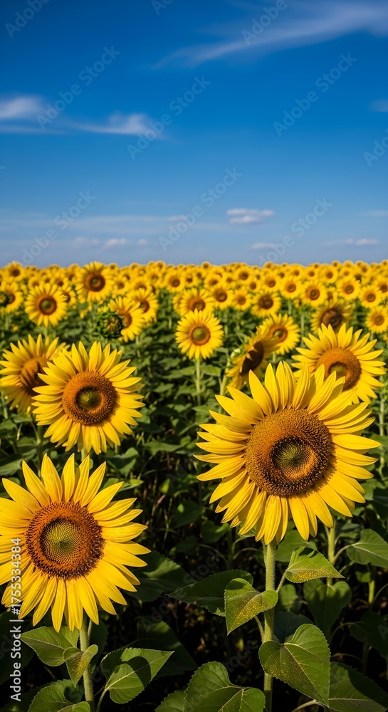Fototapeta premium A vibrant field of sunflowers basks in the sunlight under a clear, bright blue sky, creating a beautiful summer scene.