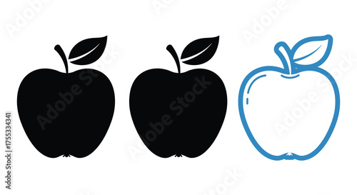 Three apples in silhouette style with two solid black and one outlined in blue on a white background
