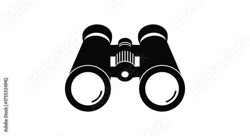 A stark black silhouette of binoculars facing forward against a white background representing vision and discovery silhouette