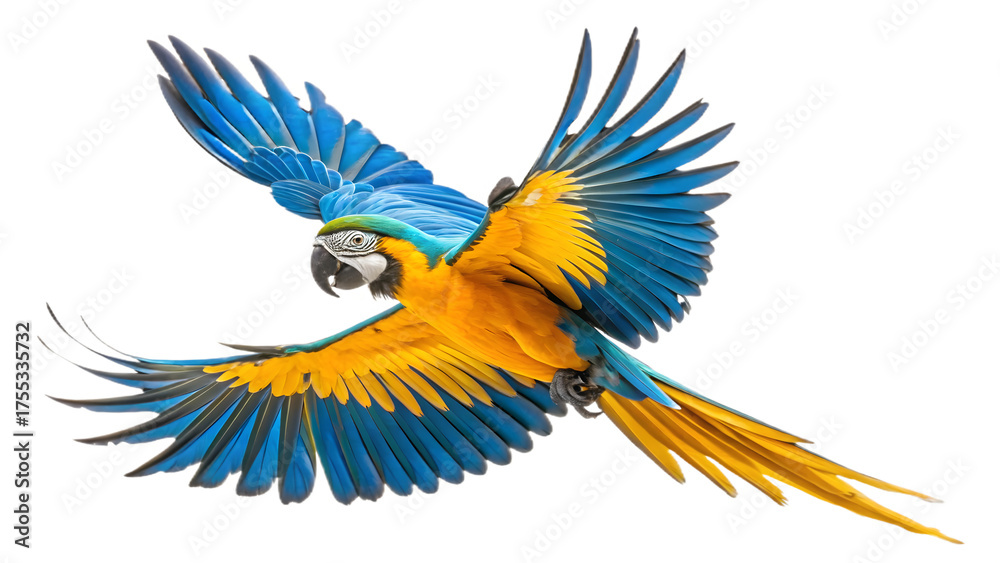 Obraz premium Blue and Yellow Macaw with Extended Wings Vibrant Colorful Tropical Bird in Flight