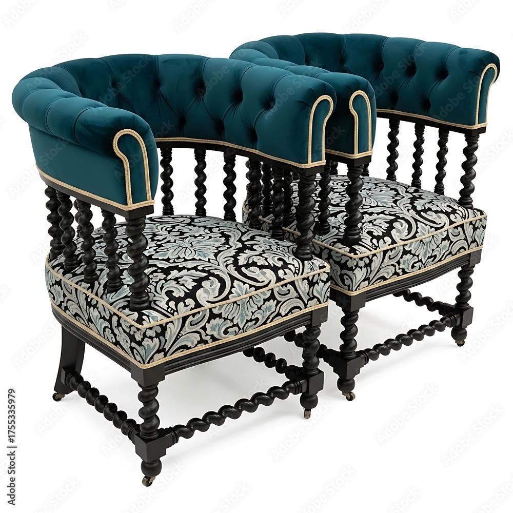 Fototapeta premium Elegant tufted emerald green armchairs with ornate black carved bases