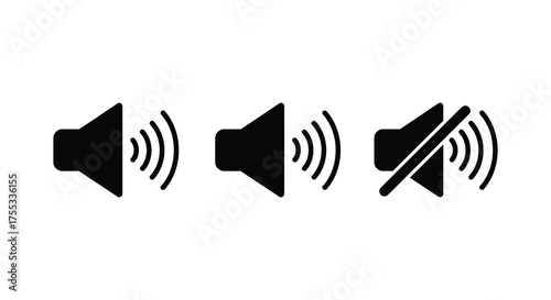 Three black speaker icons in a row showing different volume levels including mute silhouette