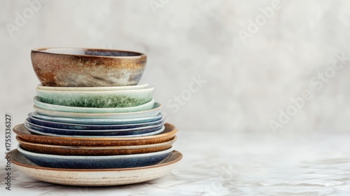 A stack of colorful ceramic plates and bowls on a white table against a light gray background.