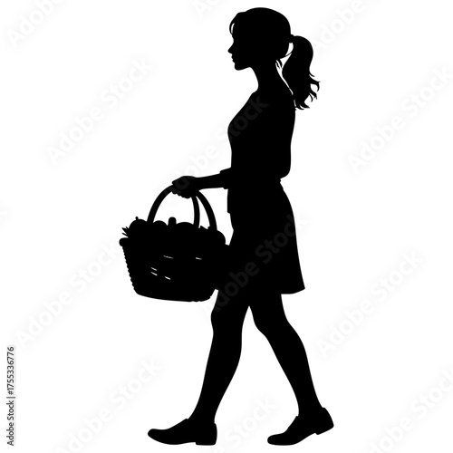 Silhouette of woman walking with harvest basket, symbolizing rural lifestyle, agriculture, and nature’s bounty. Ideal for themes of farming, organic produce, and countryside living.