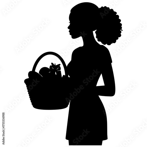 Silhouette of woman walking with harvest basket, symbolizing rural lifestyle, agriculture, and nature’s bounty. Ideal for themes of farming, organic produce, and countryside living.