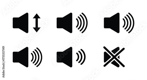 Collection of six black speaker volume icons in a silhouette style on a white background representing sound levels and mute