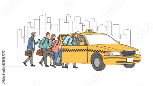 Colorful High-Quality Continuous Line Art of a Taxi Picking Up Passengers – Clean Black Outline Representing Urban Transport, Mobility, and Ride-Sharing Services
