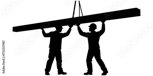 Silhouette of two construction workers lifting steel beam with hoist. Symbolizing teamwork, strength, and industrial labor. Ideal for themes of building, safety, and heavy-duty work.