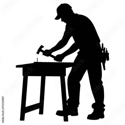 Silhouette of a carpenter hammering a nail into a workbench. A strong visual of craftsmanship, manual labor, and precision in woodworking and construction tasks.